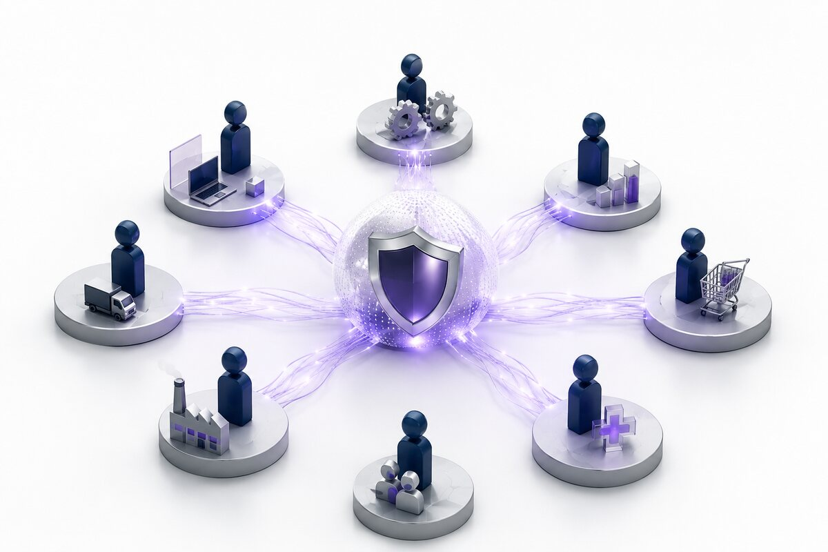 Internal security champions connected across different areas of an organisation around a central security function