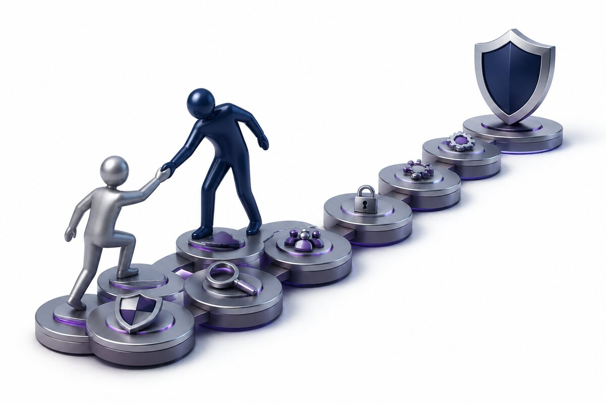 Mentoring pathway showing people supporting each other towards stronger security capability