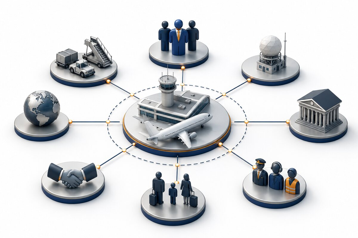 Airport security connected to operational, regulatory, organisational and external stakeholders